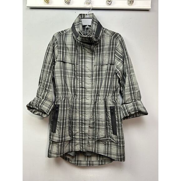 G.E.T. Plaid Utility Jacket Womens Small Green Packable Hood Roll Tab Sleeve‎ - Picture 1 of 11